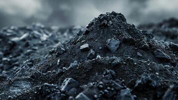 An artistic image of a mound of dark crumbly soil with bits of charred material mixed in. This represents the biochar a byproduct of the bioethanol production process and serves as photo