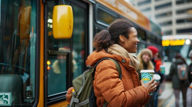 In a city a bus is pulling up to a stop with a large banner on the side that reads Powered by Biofuel. A diverse group of passengers are boarding the bus all smiling and holding reusable photo