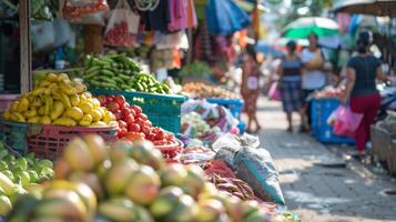 A bustling market square with a designated area marked Biomass Collection Point where vendors and shoppers can dispose of their food ss and packaging materials. photo