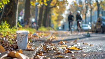 An urban bike path with a designated stop for cyclists to dispose of their biodegradable food wrappers and packaging encouraging ecofriendly practices while on the go. photo
