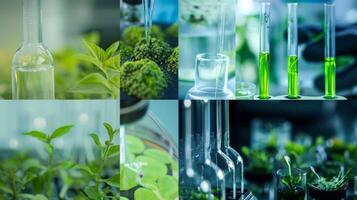 A montage of images showcasing the various stages of microalgae cultivation from laboratory testing and experimentation to largescale production and distribution. This visual photo