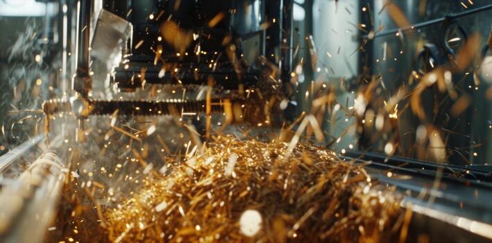 A closeup of a tingedge biofuel extraction device its intricate components and hightech sensors visible through a transparent panel. Sparks fly as it pulverizes a batch of corn stalks photo