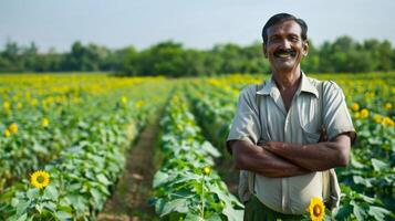 A smiling farmer stands in front of his vast fields of vibrant green crops which will be used as feedstock for biofuel production. The land is wellmaintained and free of any harmful photo