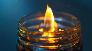 A closeup of a glass jar filled with a dark viscous liquid with a small flame burning at the top. This represents the end product of biofuel production using pyrolysis techniques. photo