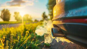 A closeup of a cars exhaust pipe but instead of the usual black smoke there is a clear vapor coming out. The background shows a scenic countryside implying that biofuels can help reduce photo