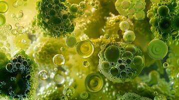 An abstract illustration of various types of algae showcasing how their oil content can be extracted and converted into biofuel. photo