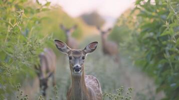 A family of deer wanders through a field of monoculture crops their natural habitat destroyed by the systematic planting and harvesting of single crop species. As their food sources photo