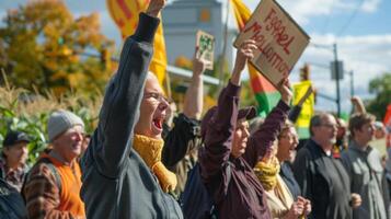 A group of protestors hold signs and chant in front of a government building advocating for the government to prioritize food production over biofuels. In the background fields of photo