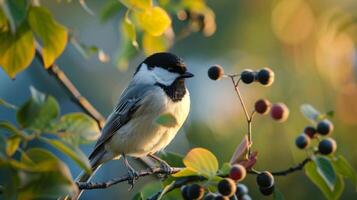 A bird perched on a tree branch next to a biofuel processing plant illustrating the potential coexistence of wildlife and industrial development in a responsible and balanced manner. photo