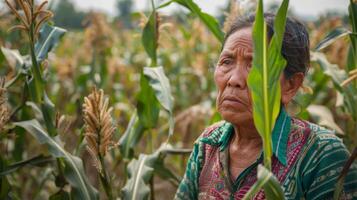 A farmer looks despondently at her withering crops noting the decrease in yield and quality compared to previous years. Despite implementing sustainable farming ods the constant demand photo