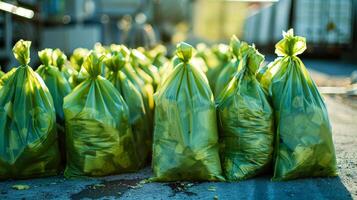 A collection of bright green biodegradable bags filled with food waste ready to be picked up by a waste management company. The waste will then be transported to a biofuel plant where photo