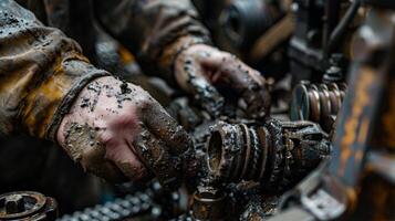 A closeup of a workers hands covered in dirt and oil while they carefully adjust the intricate parts of a biofuel production machine. photo