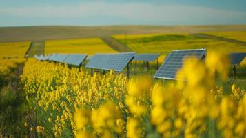 A series of solar panels lining a field of canola illustrating the use of renewable energy sources to power irrigation systems and other equipment in biofuel crop production. photo