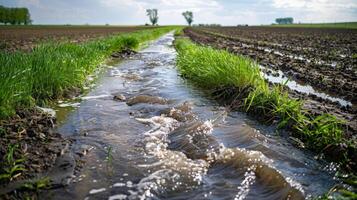 A small stream winds its way through the fields swollen and rushing with water from the spring rainfall. The surrounding biofuel crops thrive from the excess moisture their roots reaching photo