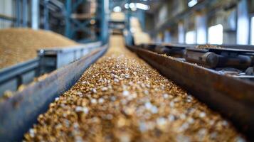 In an industrial setting a conveyor belt carries grains and crops to be used in the production of biofuels. However a new technology has been implemented to capture the carbon emitted photo