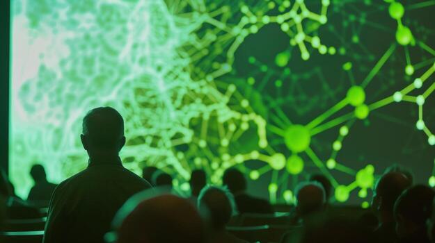 An animated diagram depicting the process of converting algae into biofuel as described by a presenter in front of a captivated audience. photo