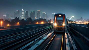 A nighttime shot of a biofuelpowered train speeding along a track its headlights illuminating the way ahead. The city skyline can be seen in the distance highlighting the seamless photo