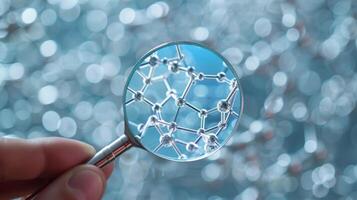 A hand holds a magnifying glass over a diagram of an enzyme catalyzing a chemical reaction highlighting the intricate structures and mechanisms at work. photo