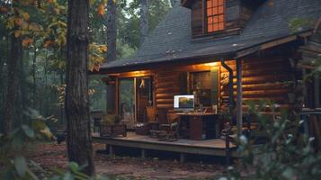 A quaint cabin in the woods with a large computer monitor and keyboard set up on the front porch. The owner can enjoy the peaceful surroundings while working remotely and utilizing photo