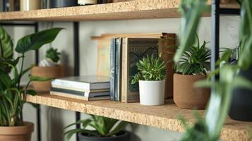 A home office with a cork desk and shelves showcasing potted plants and recycled paper products. The cork surfaces provide a sustainable and stylish workspace for the environmentally photo