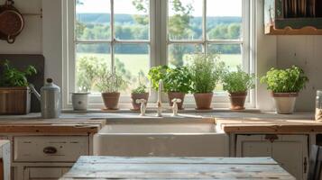 In the kitchen a farmhouse sink sits below a charming window with views of the rolling hills while aged distressed cabinets and a wooden dining table contribute to the rustic charm photo