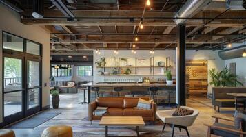 The ceiling is adorned with industrialstyle track lighting and exposed wooden beams adding a touch of ruggedness to the space. photo
