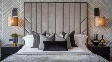 In the master bedroom a plush grey velvet headboard stands out against a wall covered in geometric patterned wallpaper. The matte black nightstands and lighting fixtures add a modern photo