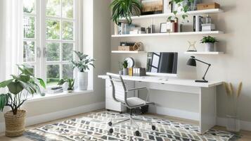 In the home office the matte white desk and shelves add a Scandinavian touch to the otherwise contemporary space. A matte black desk lamp and geometric patterned rug add visual interest photo