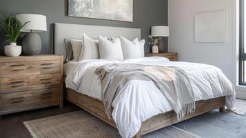 The bedroom exudes a serene atmosphere with a soft matte gray color palette. The bed is adorned with a plush white duvet which contrasts against the matte gray walls. The natural wood photo