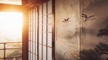 In a corner of the room a traditional shoji screen is used as a divider featuring a painting of a mountain landscape with cranes flying overhead. The soft light filtering through the photo