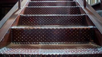 In the center of the warehouse a grand staircase stands with its steps covered in the same textured metal grating. Each step gleams with an elegant sheen adding a touch of sophistication photo