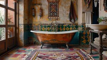 A bathroom with a mix of unconventional patterns and textures creating a bohemian sanctuary. The walls are covered in a mosaic of patterned Moroccan tiles while a clawfoot bathtub photo