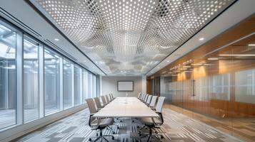 A conference room within the warehouse boasts a unique ceiling design created entirely with the textured metal grating. The ceiling appears to be floating as the intricate metal design photo