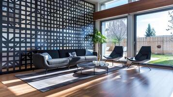 The living room features a sleek industrialinspired accent wall with a steel grating finish. The geometric pattern of the grating creates a modern edgy aesthetic while also allowing photo