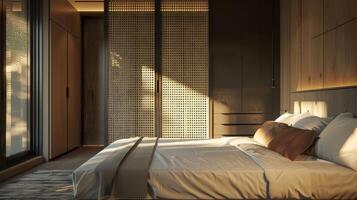 The bedroom incorporates metal grating panels on the wardrobe doors giving the room a sense of openness and texture. The metal creates a unique contrast against the soft bedding and photo