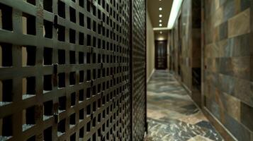 The intricate pattern and dark weathered appearance of the grating bring a sense of texture and depth to the otherwise plain hallway walls making it a unique and eyecatching decorative photo