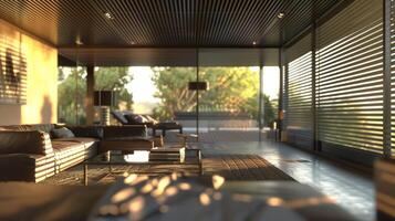 In the openconcept living room the metal grating panels on the ceiling add a modern and industrial touch to the space. The light filtering through the grating creates interesting shadows photo