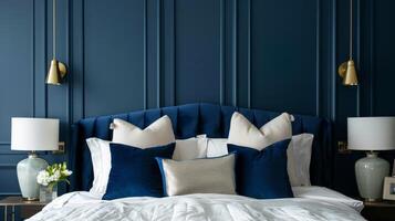 The bedroom is adorned with a velvet headboard in a deep navy color adding a sense of richness and refinement to the rooms otherwise simple design. photo