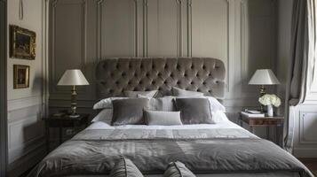 en un clásico parisino Departamento un terciopelo tapizado cabecera en un suave gris sombra sirve como el habitación central de un elegante dormitorio. el Rico textura de el terciopelo agrega un toque de lujo foto