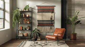 A cozy reading nook is brought to life with a woven wall hanging featuring a bold oversized pattern. Paired with a glossy black metal bookshelf and a leather armchair the space has photo