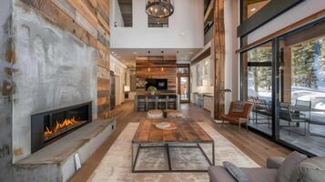 The open plan living room boasts a rustic modern fireplace made with a combination of concrete and reclaimed wood. The smooth cool concrete provides the perfect contrast to the warmth photo