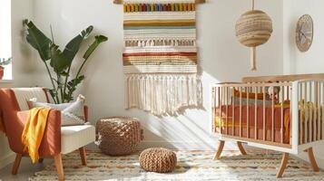 The playful patterned woven wall hangings in this creative childs room add a burst of color and texture to the otherwise neutral walls. The rainbow hues and intricate design stimulate photo