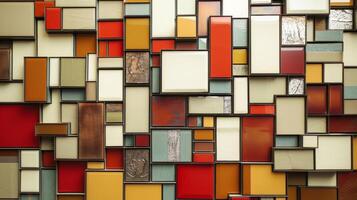 Overlapping rectangles and squares of varying sizes and hues cover the walls adding a burst of color to the previously neutral space. Some shapes are smooth and glossy while others photo