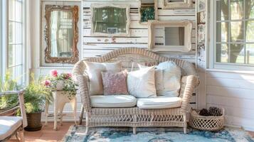 A cozy reading nook in a sunroom with distressed wicker furniture and a shabbychic rug. The walls are adorned with a mix of vintage frames each featuring a different distressed mirrored photo