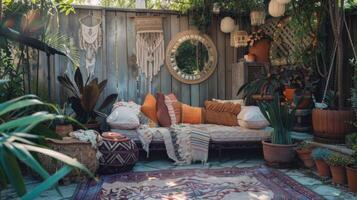As you make your way to the outdoor patio you are greeted by a mix of textures and patterns. A cozy outdoor seating area is adorned with plush pillows and throws while a variety of photo