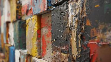 In the corner of the room stands a series of smaller canvases each one showcasing a different type of paint texture. From crackled and peeling to smooth and glossy the textures seem photo