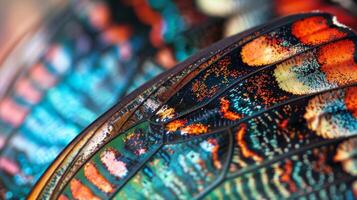 An intricate image of a butterfly wing showcasing the vibrant patterns and colors in its delicate scales almost appearing like a mosaic. photo