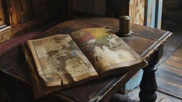 In the corner of the room a wooden side table is adorned with an oldfashioned atlas od to a page showing a detailed map of Europe. The yellowing pages and frayed edges add to its vintage photo