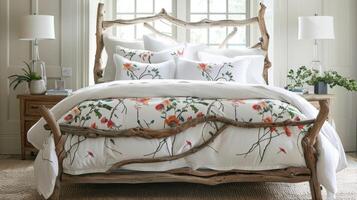 The weathered wood bed frame is adorned with twisting branches and vines giving it an ethereal and whimsical feel. The crisp white bedding accented with pops of vibrant floral patterns photo