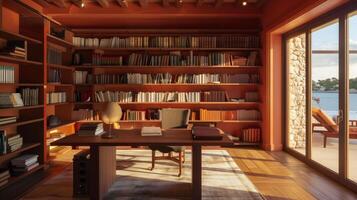 A study or home office with a warm terra cottacolored accent wall and builtin bookshelves lined with a mix of old and new books. The desk is made of rich dark wood and sits in front photo